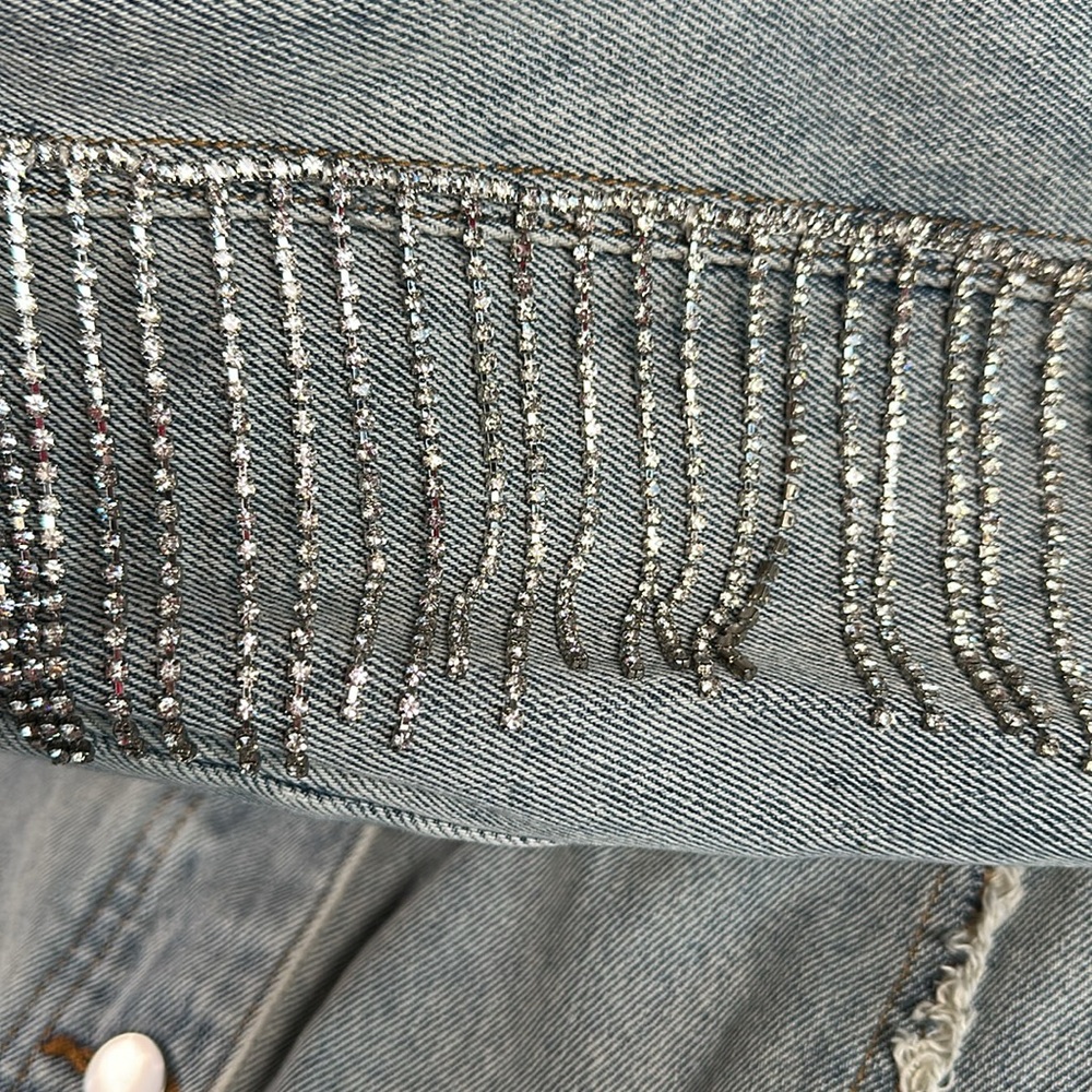 Distressed, rhinestone, fringe, jean jacket,‎ grunge, punk band rock - Picture 3 of 15